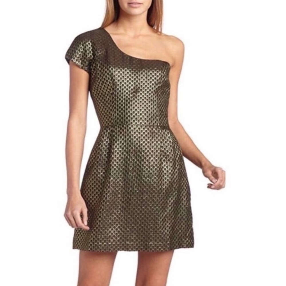 [French Connection] EUC Black and Gold One Shoulder Dress